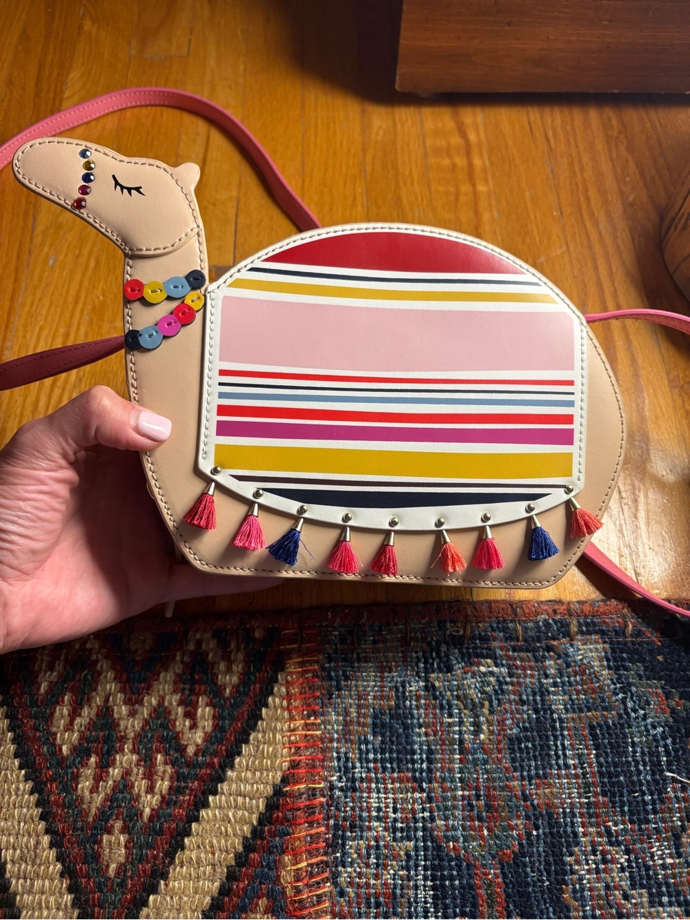 Kate Spade Beige Camel Crossbody Bag with Multicolor Stripes and Tassels